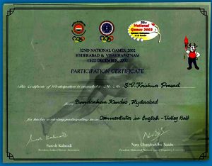 Certificate Volleyball Commentary For National Games 2002